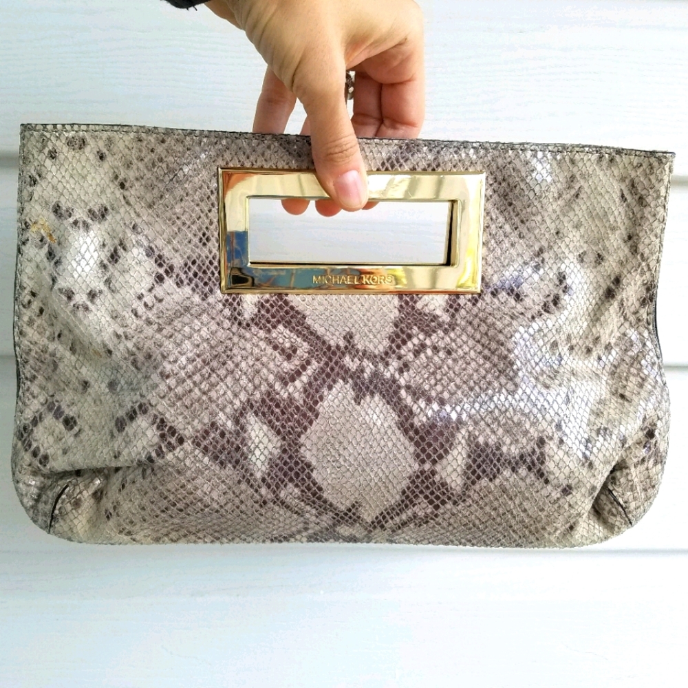 Michael Kors Snakeskin Gold Handle Clutch Purse.
